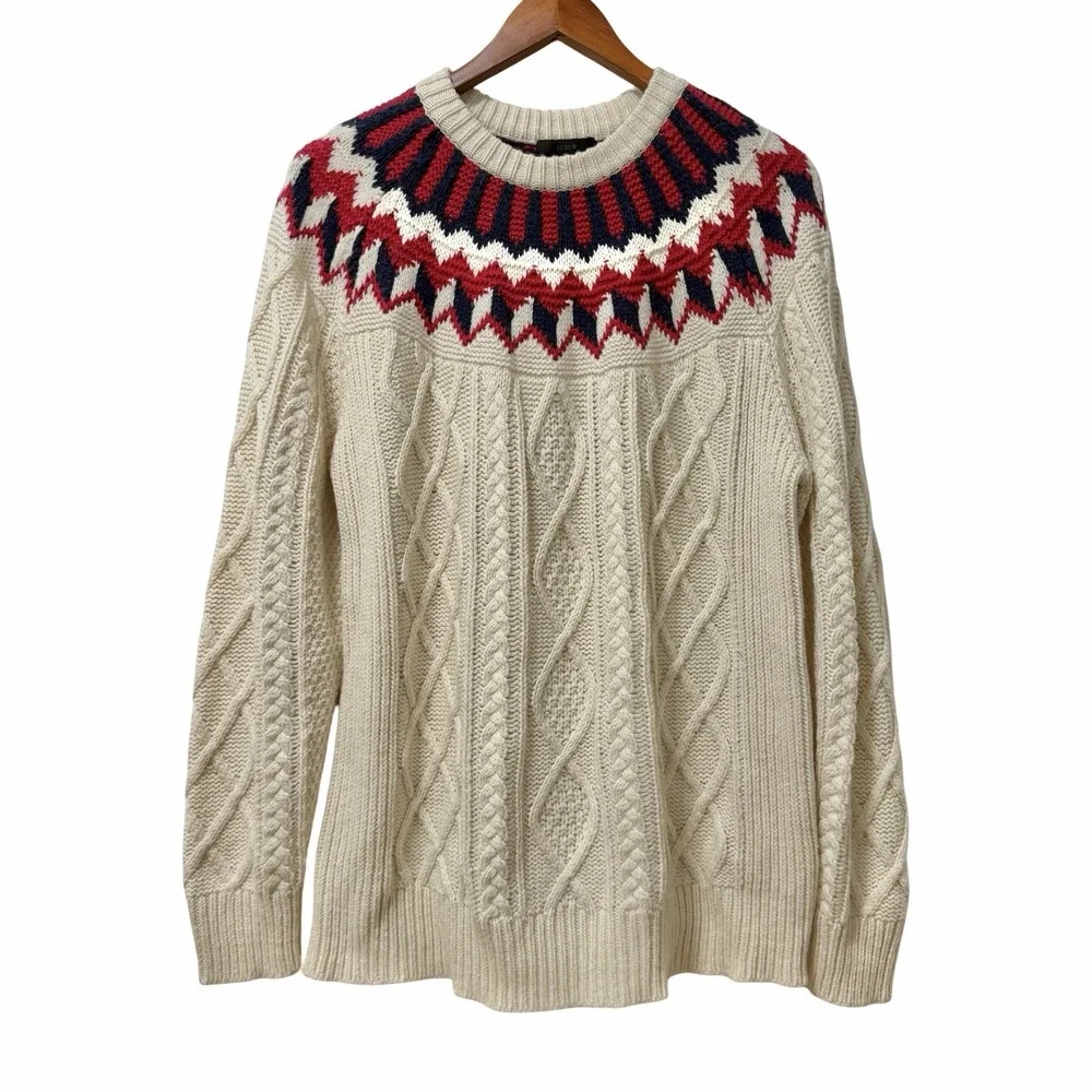 J Crew Fair Isle Fisherman Cable Knit Sweater Womens Large Cream Classic Ski NEW